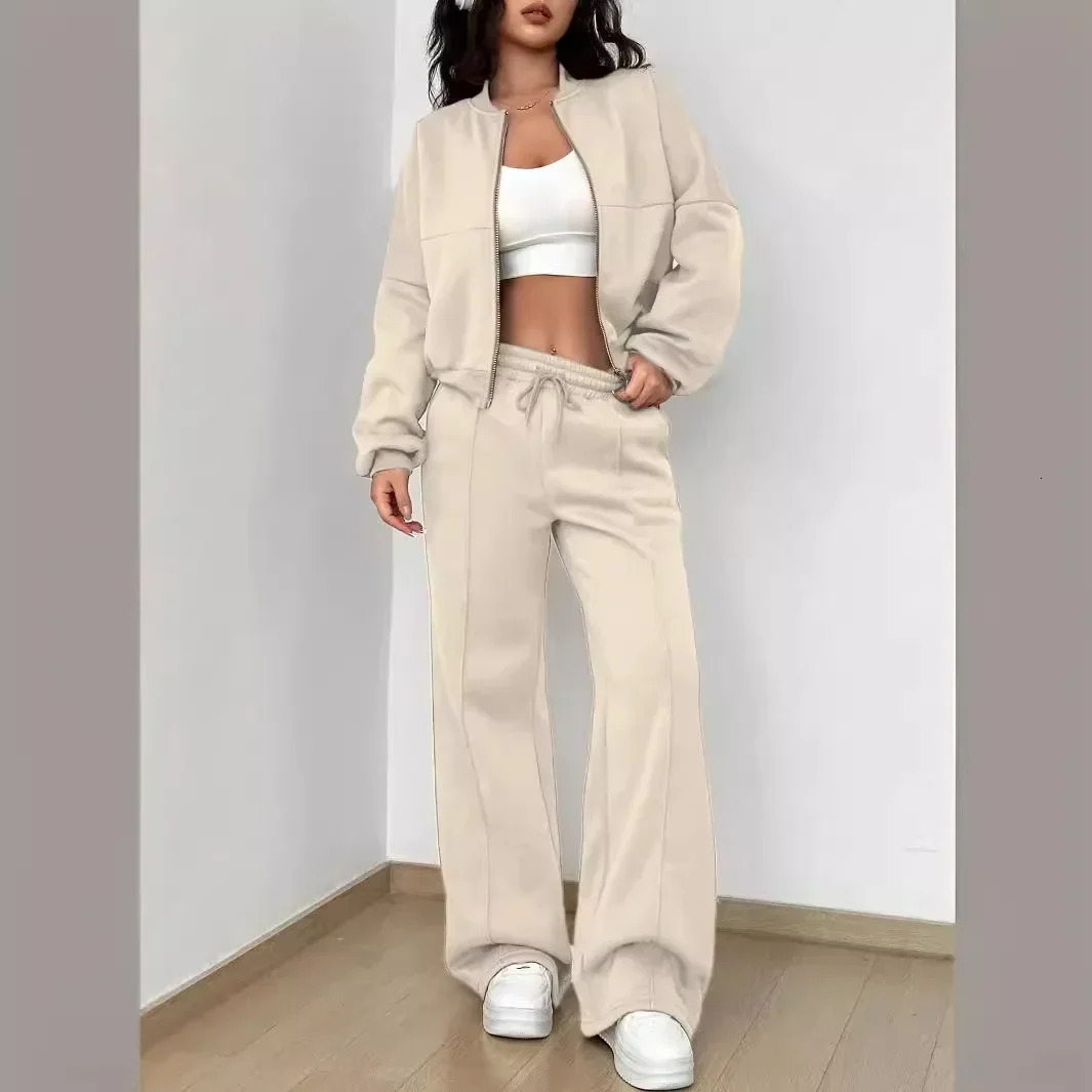 American Solid Womens Zipper Hoodie Hoodies Autumn Fashion Womens Sweatshirt And Sports Pants Twopiece Set Y2K Streetwear 250922
