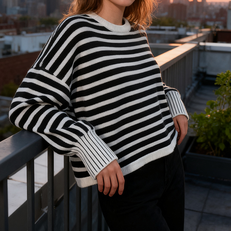 Women's Blouses & Shirts Women's Black and White Striped Round Neck Pullover Sweater - Lantern Sleeve Loose Fit Knitwear for Autumn AS24-023