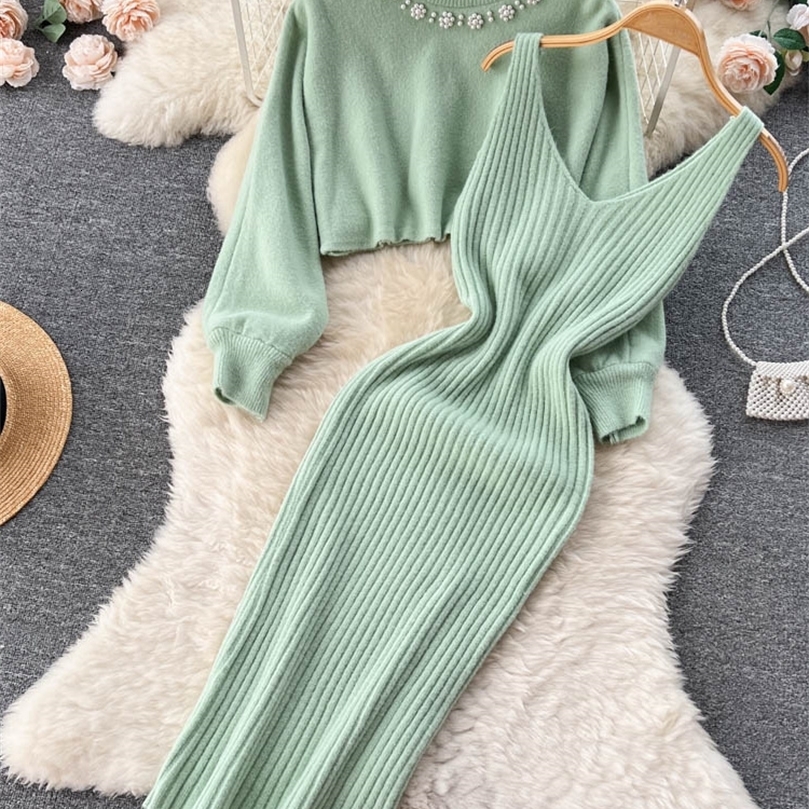 SINGREINY Winter Women Knitted Sets Fashion Breading Long Sleeve Pearl SweaterKnitted Camis Dress Sweater Suits 250818wtt