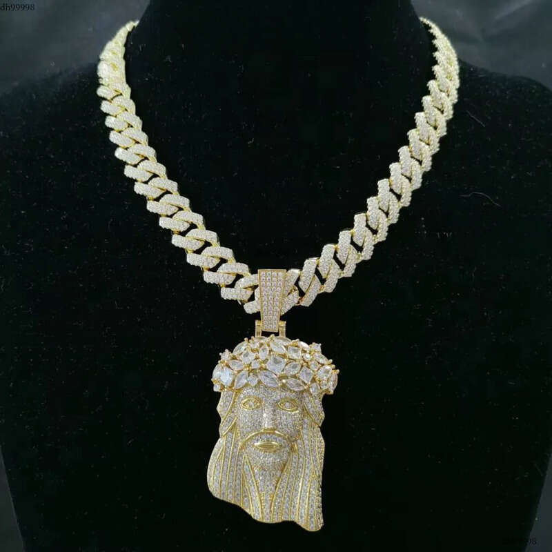 Iced Out Big Size Gold Plated Brass 5A CZ Dia Jesus Head Pendant Necklace With 13mm Cuban Link Chain for Men