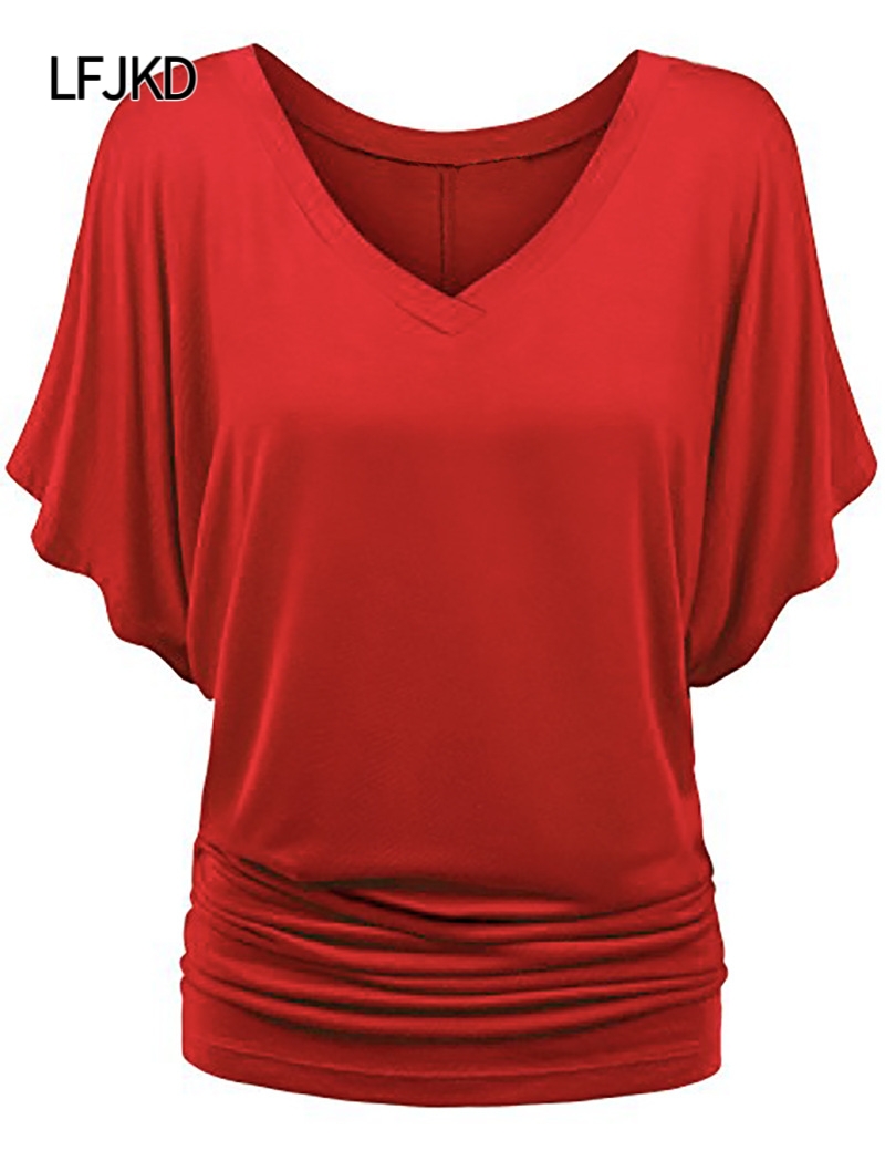 K2282 Batwing Sleeve T-shirt for women, large size, loose V-neck short-sleeved top, popular across the border, comfortable and breathable, multiple si