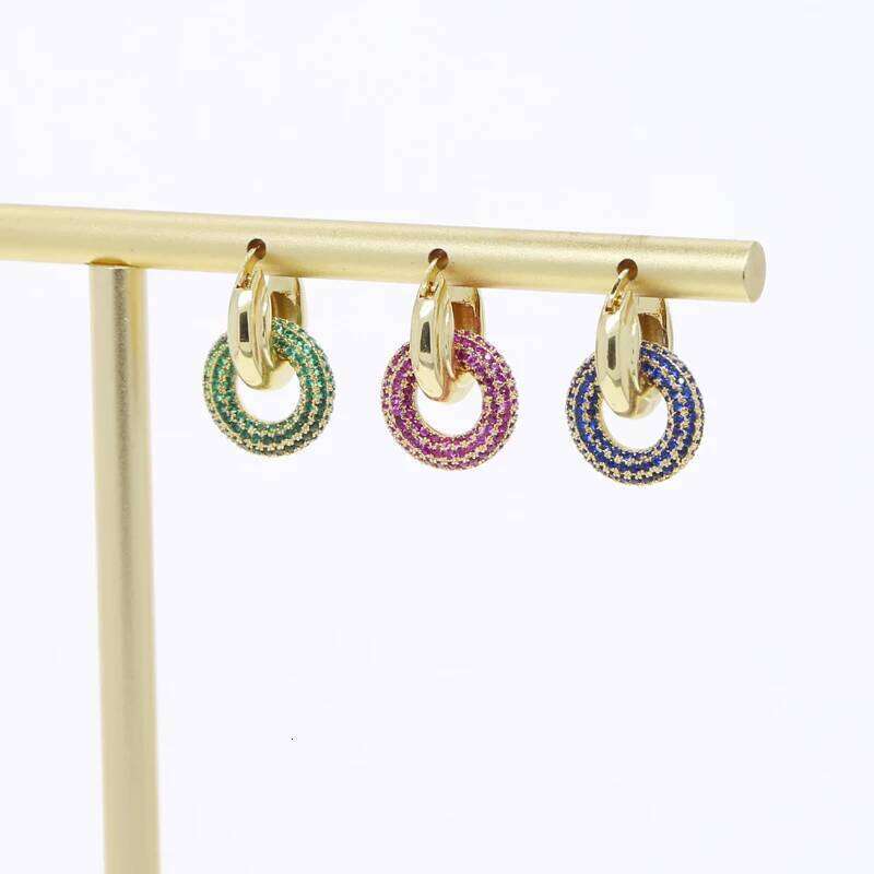 5 Colors White Green Blue Red Cubic Zirconia CZ Geometric European Women Simple Double Circle Dangle Earring