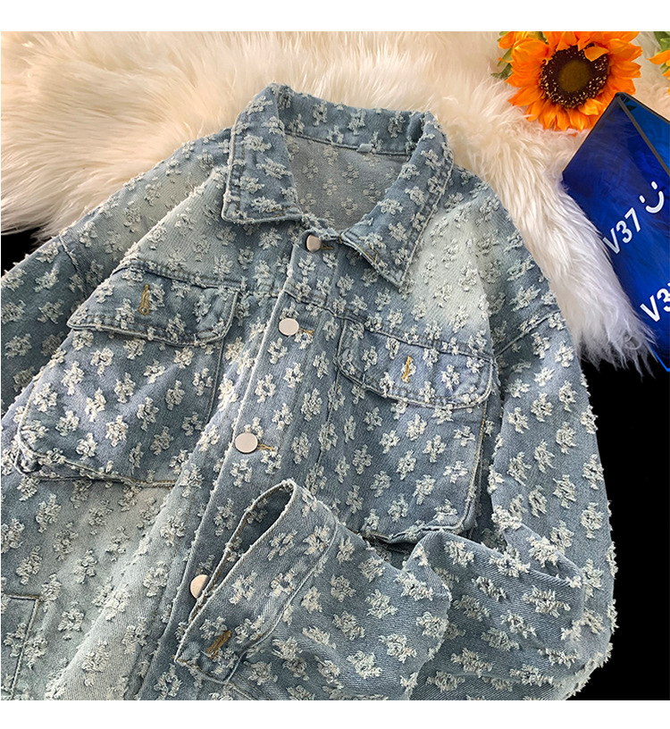 Men's Design Trendy Brand Retro Water Washed Vintage Jacquard Cowboy Jacket Loose and Casual Versatile Full Print Couple Jacket y2k