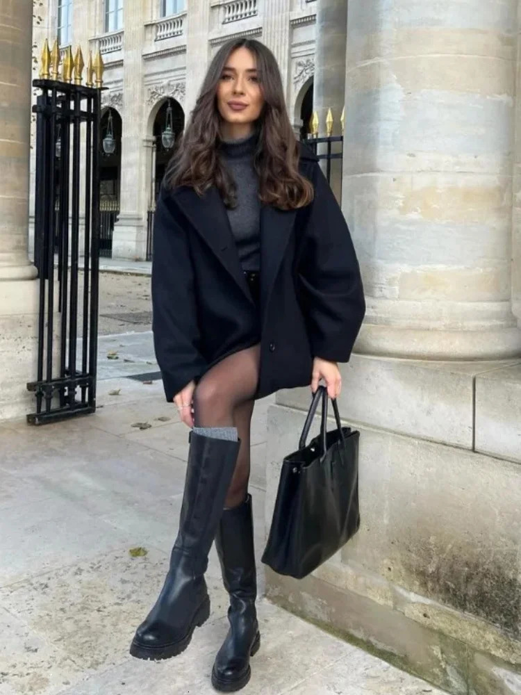 Urban Black Woolen Blend Coats Women Stand Collar Singlebreasted Long Sleeve Thick Warm Jacket Autumn Winter Lady Outwear 250922