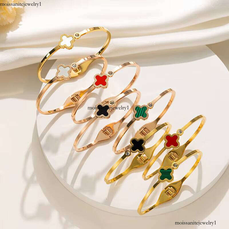 Clover Roman Numerals Waterproof moissanite chain Pvd sterling silver Gold Plated Fashion Jewelry Bracelet Women's Bangle