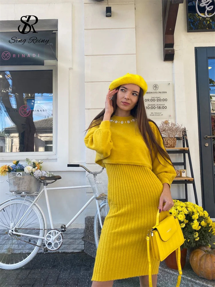 SINGREINY Winter Women Knitted Sets Fashion Breading Long Sleeve Pearl SweaterKnitted Camis Dress Sweater Suits 250818wtt