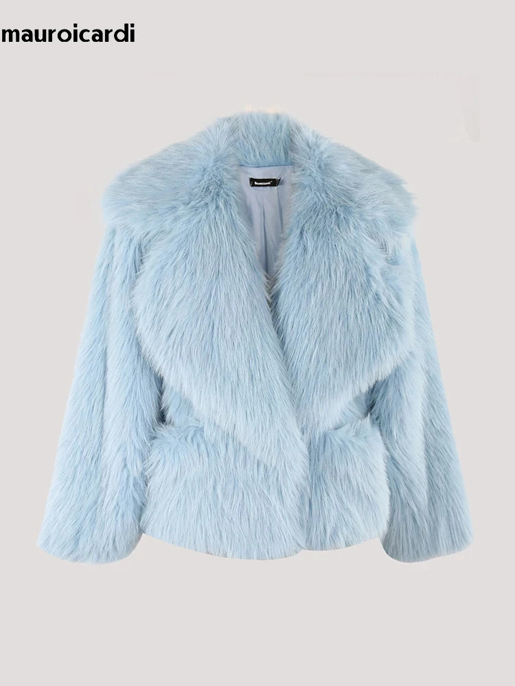 Mauroicardi Autumn Winter Short Hairy White Soft Blue Thick Shaggy Warm Black Faux Fur Coat Women Loose Pink Fluffy Jacket 2025 250929