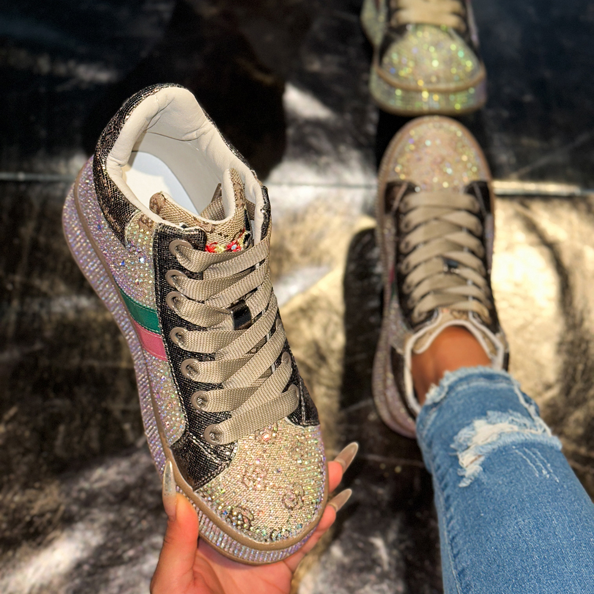 2025 Women High Top Printing Luxury Sneakers Shining Sneakers Fashion Shining Diamond Casual Shoes Comfortable Running Designer Sports Women's Sh