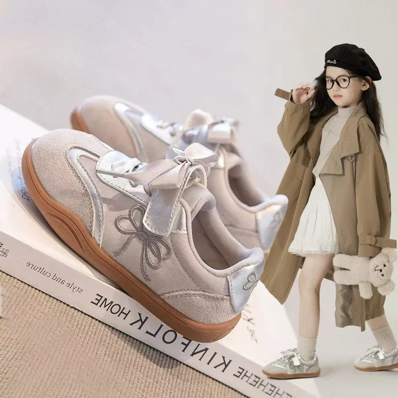 2025 Children Casual Sneakers for Girls Spring Fashion Korean Style Soft Antislippery Versatile Chic Sweet Bowtie Shoes H260130