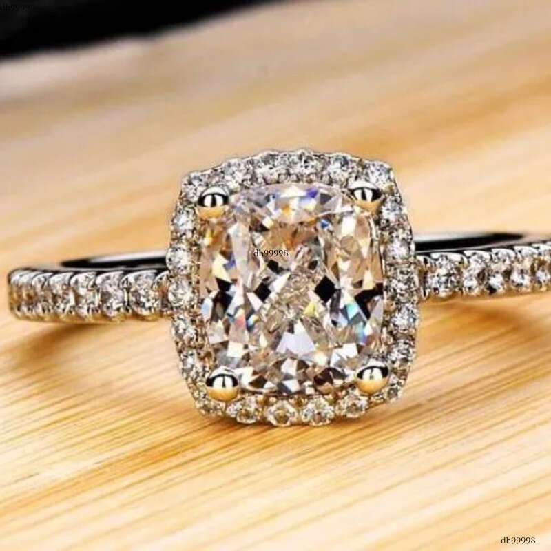 Three Color Hot Sell Jewelry Sterling Sier Cushion Shape White Topaz Women Wedding CZ Dia Classical Geones Ring Gift