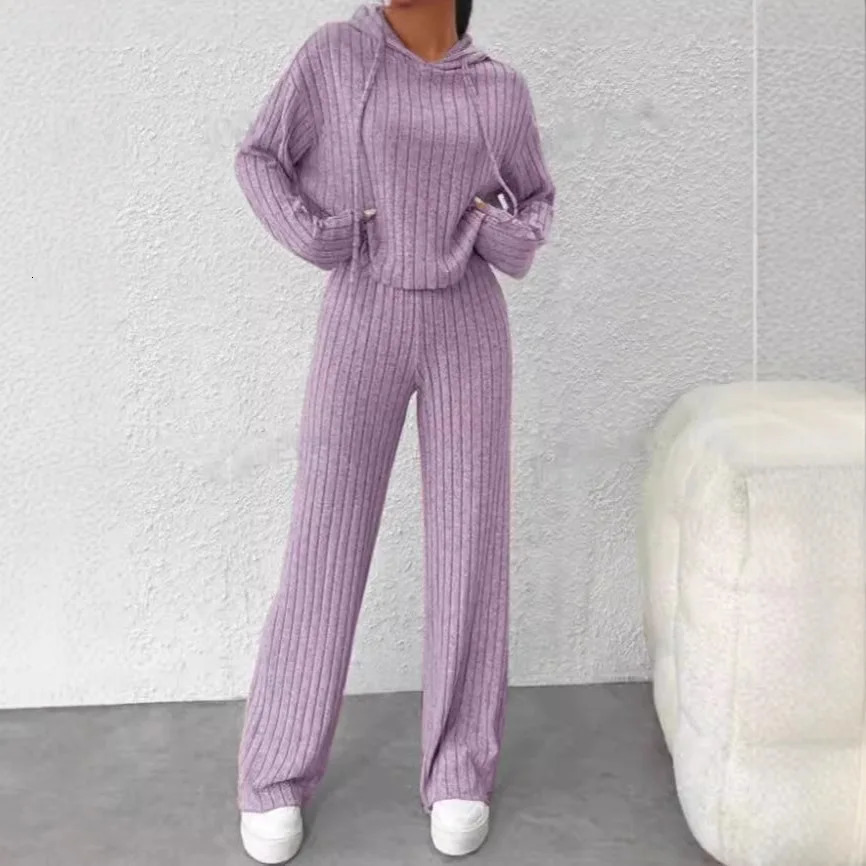 Hooded Top Pants 2piece Set Fashionable Longsleeved For Women Autumn Winter Solid Color Loose Knitted Sweatshirt Suit Female 250929