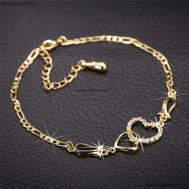 Women Sweet Design Yellow Gold Plated CZ Double Hearts Anklets Bracelet Chain Bride for Wedding Party