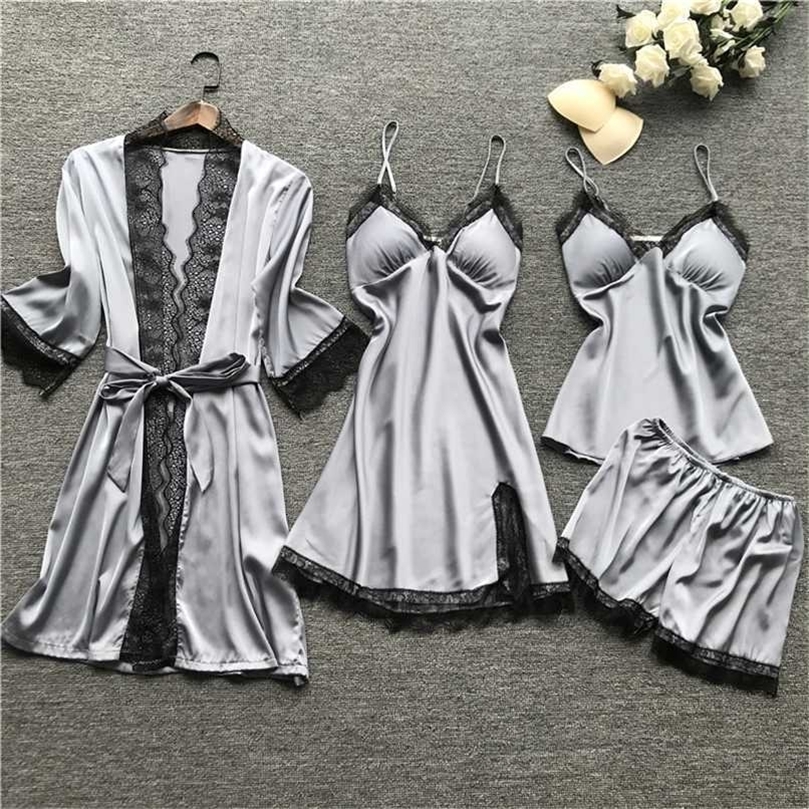 QWEEK pajamas for woman home clothes Silk Sexy Lace Pyjamas Satin Sleepwear Pijama Homewear Summer with Chest Pads 211112wtt