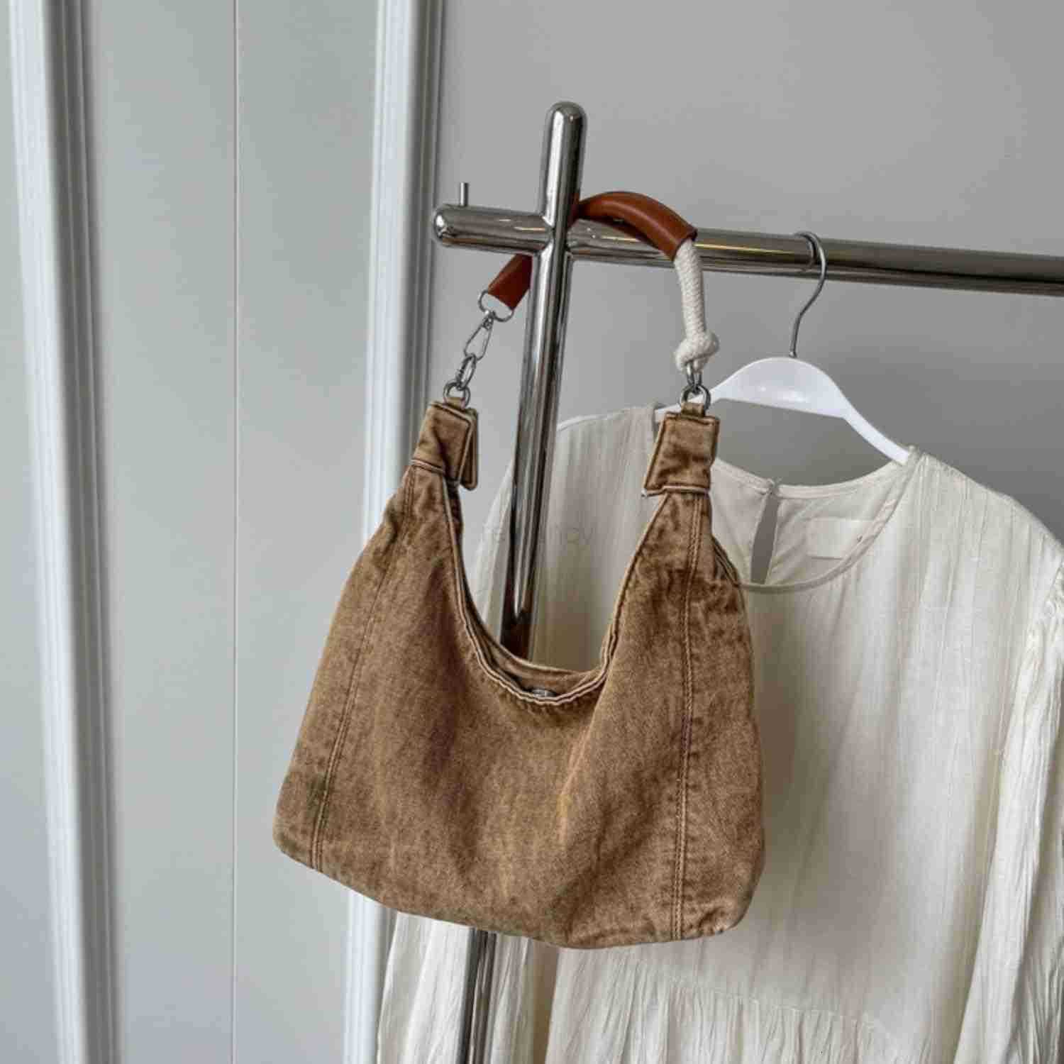 Vintage Denim Tote Handbag for Women Nostalgic Jean Shoulder Bag Purse Casual Top Handle PurseW250930