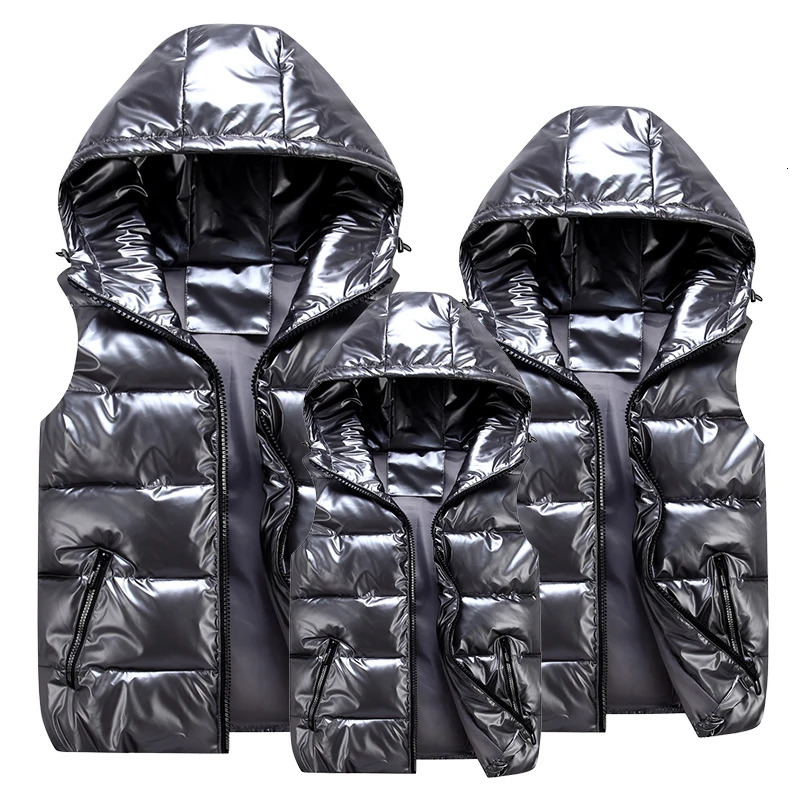 Classic Hooded Vest ManWomanChild Winter Hooded Glossy Cotton Vest Casual Waistcoat Mens Sleeveless Jacket Warm Overcoats Hat 250911