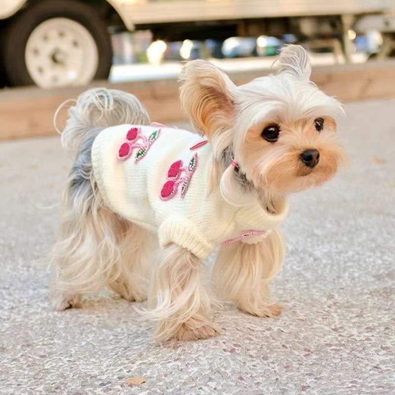 2025 new Designer Pet 3D Pink Cherry embroidered lettering Cat knit sweater Schnauzer West Highland White Dog Clothes Free shipping