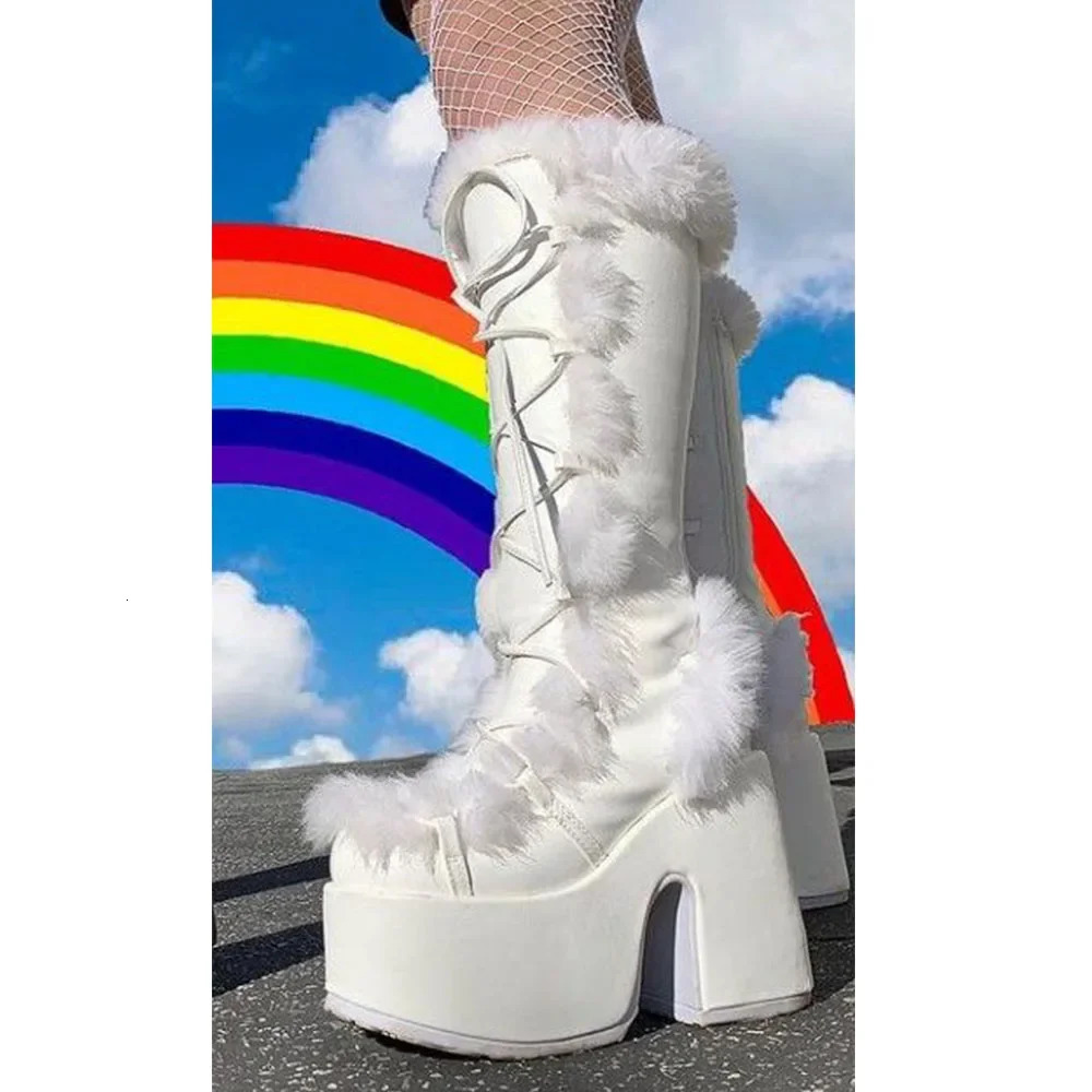 Winter Big Size 43 y2k White Punk Style Womens Faux Fur Chunky Platform Boots Gothic Black Block High Heels Shoes 250922