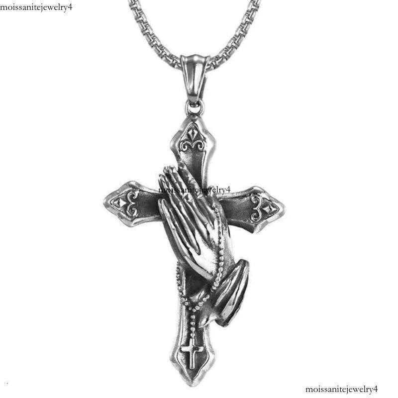 DHCollections Stainless Steel Cross Necklace with Praying Hands Pendant Chain Retro Style for Men