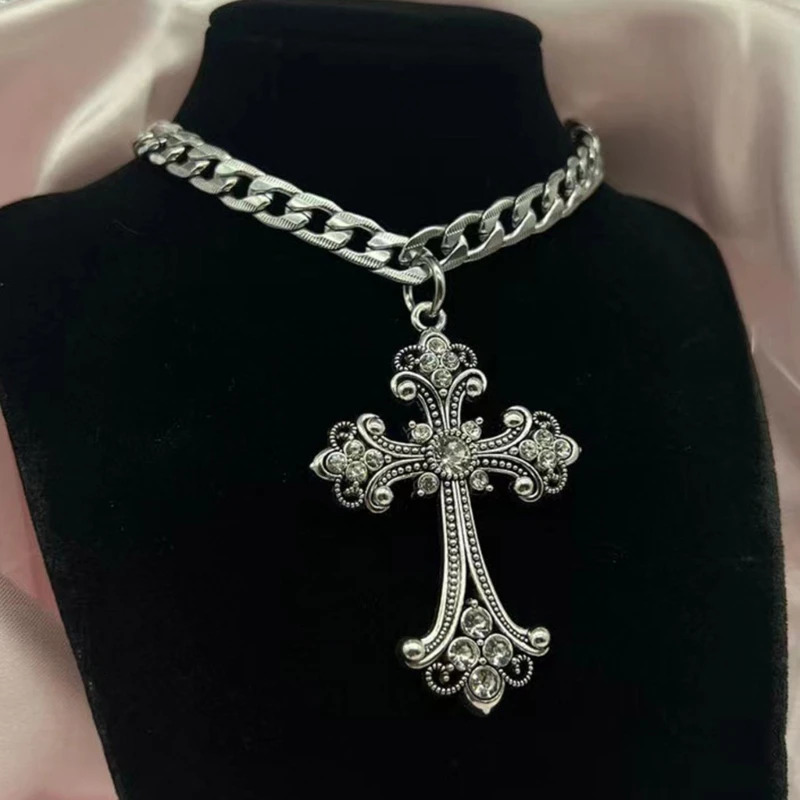 Large Detailed Cross Drill Pendant Necklace Silver Color Tone Gothic Punk Jewellery Fashion Charm Statement Women Girls Gift 250922