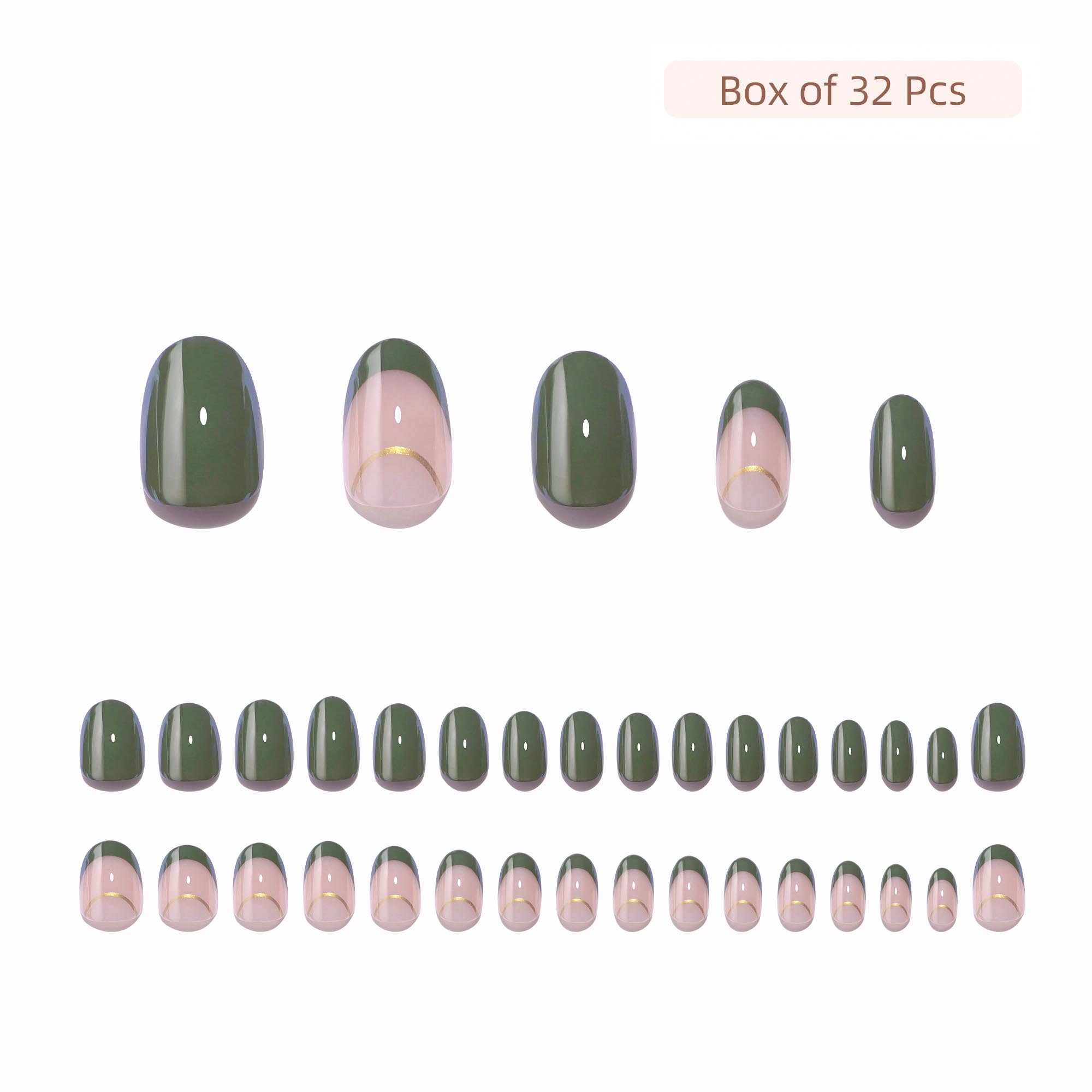 stylish olive green presson false nails short oval shape with line design