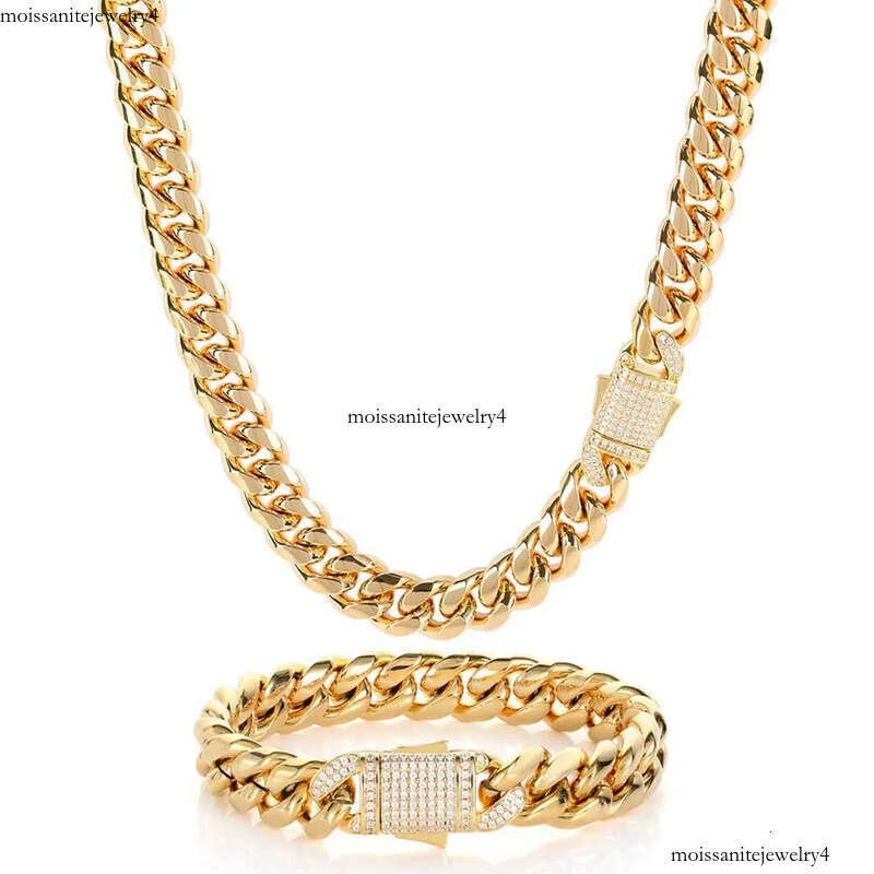 10/12MM Titanium Steel Plated Gold Miami Cuban Link Chain Mens Necklace Inlaid CZ Dia In Spring Buckle Personalized chains Hip Hop Designer Jewelry Gi