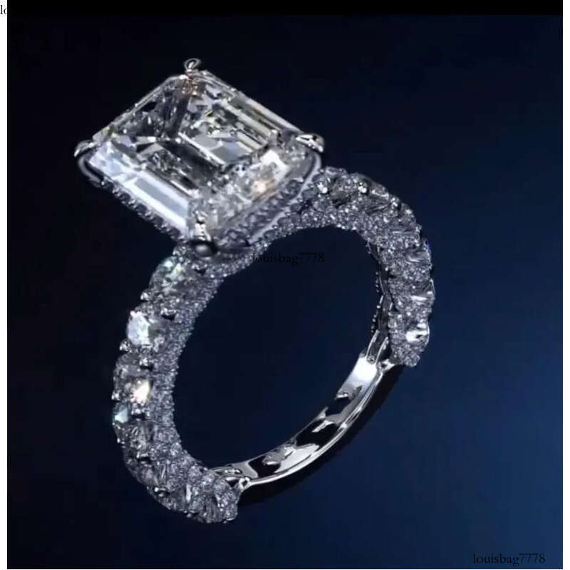 Rulalei Brand Designer Jewelry Wedding Rings Gorgeous Sterling Sier Fill Emerald Cut White Topaz CZ Dia Zircon Party Women Eternity Band Ring Gift