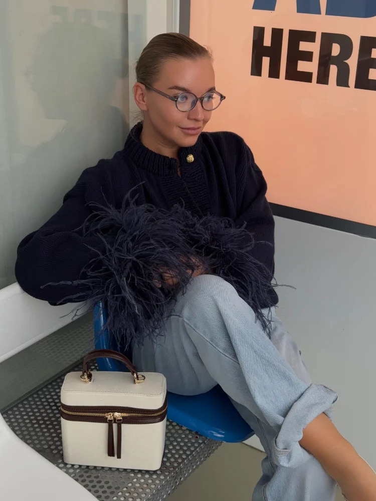 Feather Patchwork Knitted Cardigan Women Chic Oneck Long Sleeve Singlebreasted Short Sweater 2025 Lady High Street Knitwear 250930