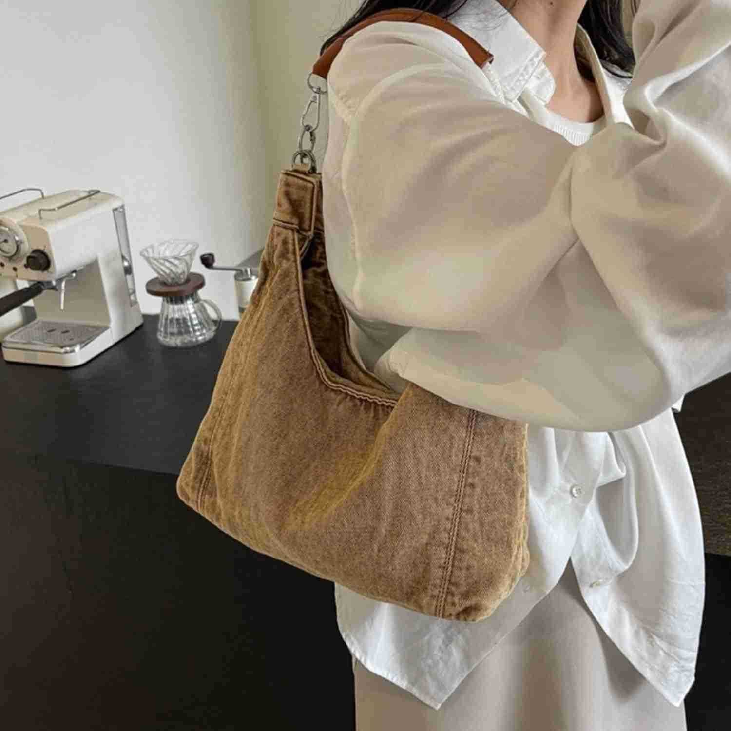 Vintage Denim Tote Handbag for Women Nostalgic Jean Shoulder Bag Purse Casual Top Handle PurseW250930