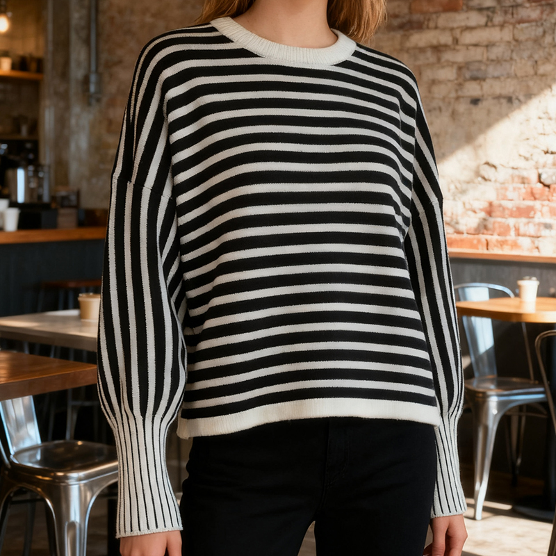 Women's Blouses & Shirts Women's Black and White Striped Round Neck Pullover Sweater - Lantern Sleeve Loose Fit Knitwear for Autumn AS24-023