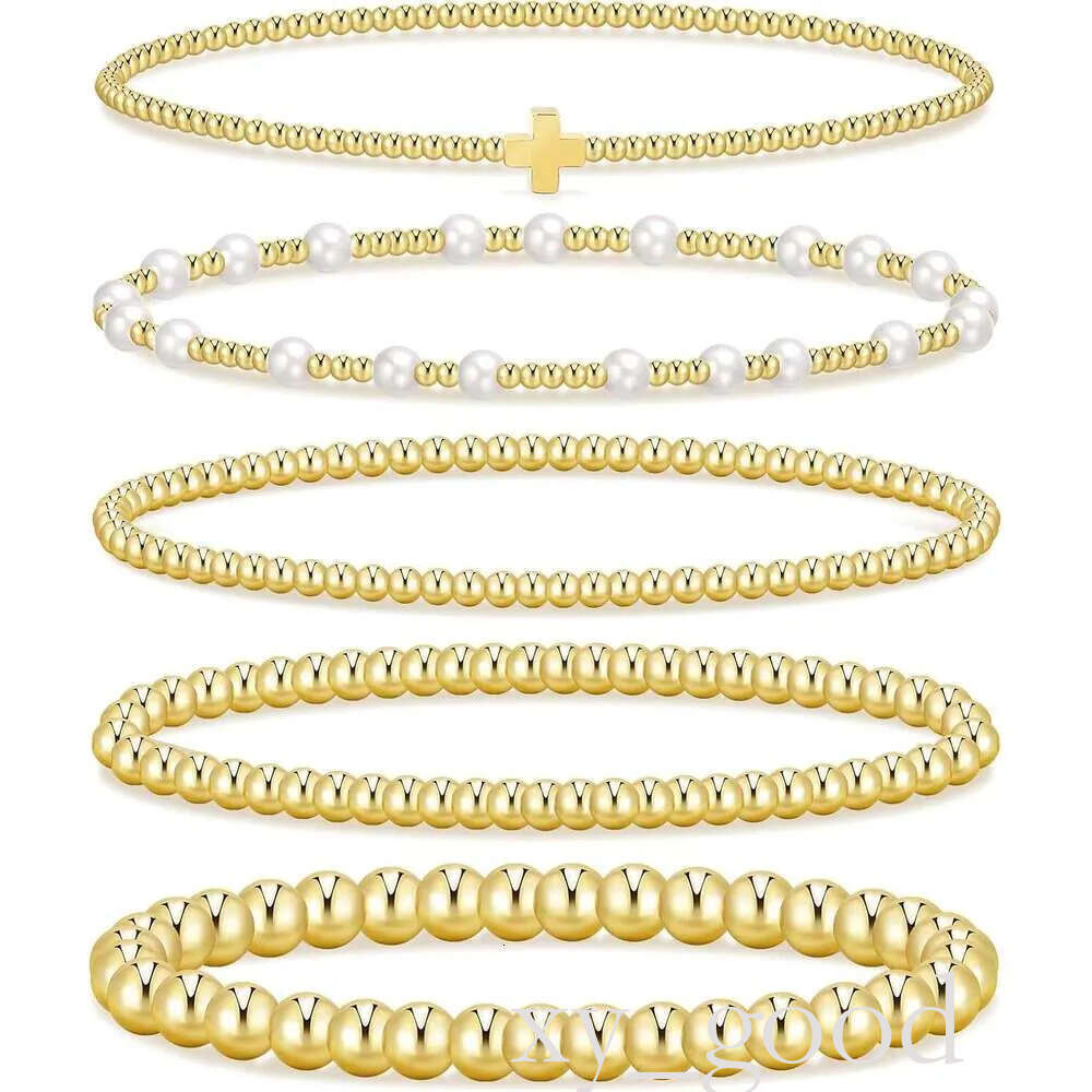 Beaded Women, 14K Real Gold Plated Jewelry Dainty Pearl Bead Bracelets Stack, Non Tarnish Trendy Stackable Ball Cross Stretch Bracelet Set Fashion Accessories