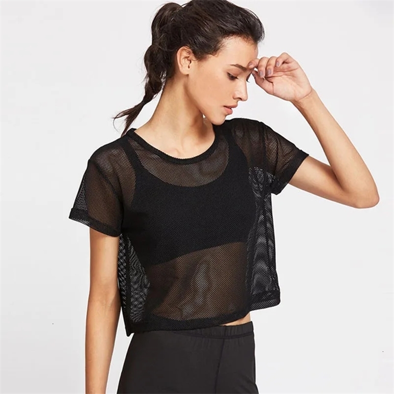 Womens Mesh Yoga Shirt Sexy Short Sleeve T-Shirt Sport Top Blouse Cover Up Quick Dry Gym Clothes Running Fitness Tank Sportwear 250324