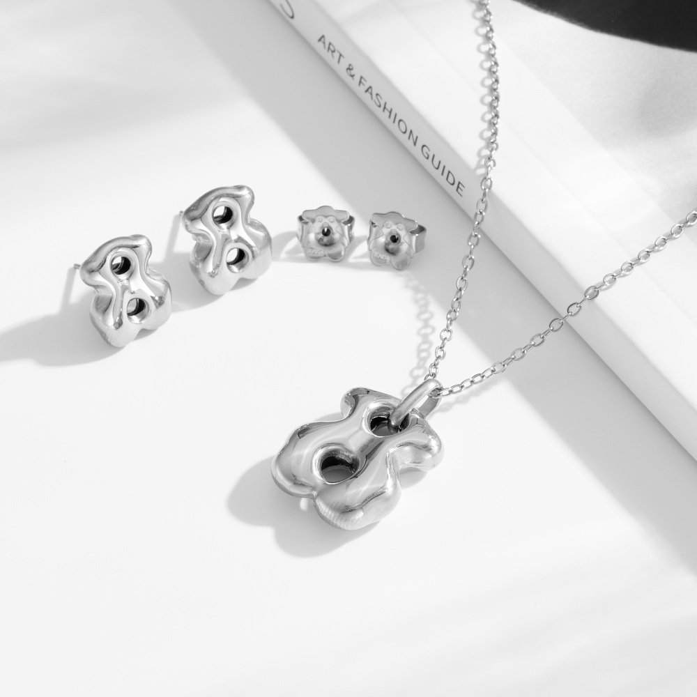 New Fashion Women Men Silver Gold Stainless Steel Bear Cartoon Animal Round Drop Oil Pendant Earrings Sets Span Jewelry