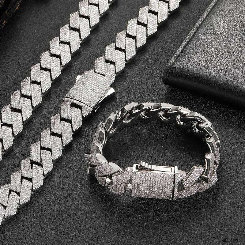 necklace moissanite chain Sier Bracelet 19mm Wide Ice Flower Miami Cuban Chain Necklace Men Hip Hop Jewelryy