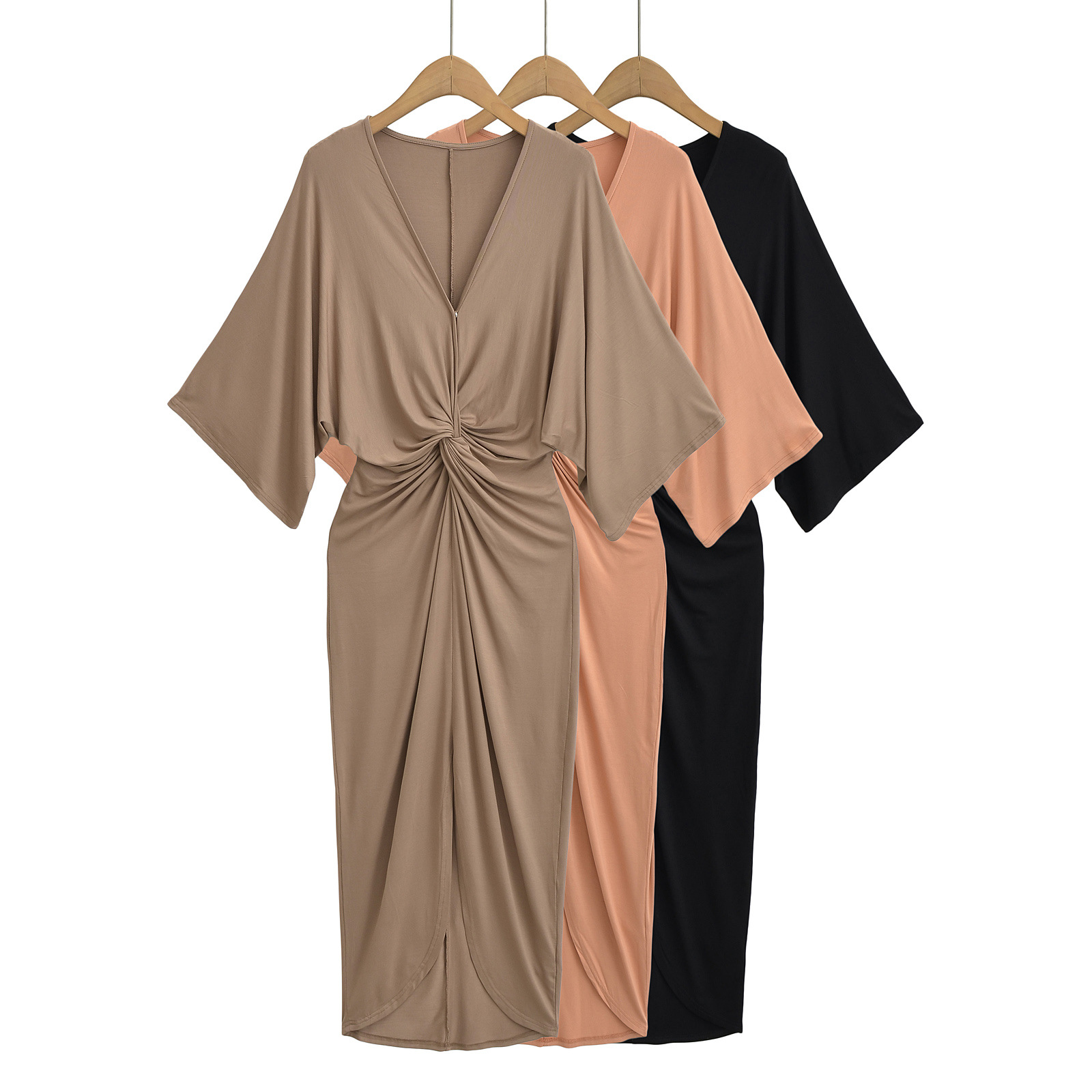 D24013 Temperament Elegant V-neck Dress Women's Summer Slit Knitted Hip Skirt Long Skirt