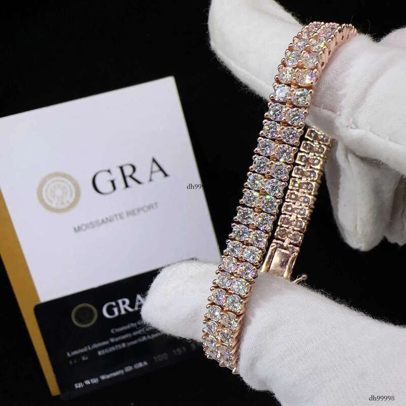 New design two rows real gold plated bracelet sterg sier vvs moissanite hip hop jewelry lab dia tennis chai