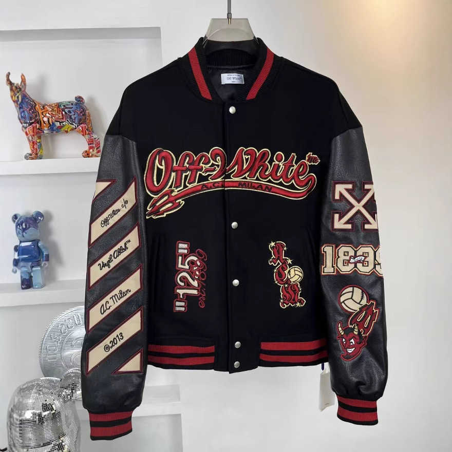 2024 Autumn/Winter New Collection OFF OW Collaboration with Bulls Heavyweight Embroidered Leather Baseball Jacket for Men and Women L250930