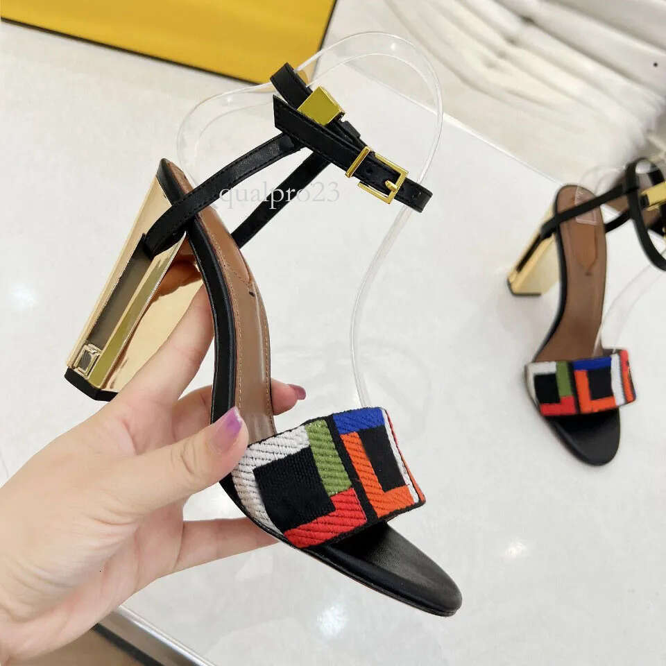 ff high heels shoes designer sandals women luxury shoes Brown Strappy High Heels: Gold Accent Chunky Heel Sandals - Party Dress Shoes with Ankle Strap 362