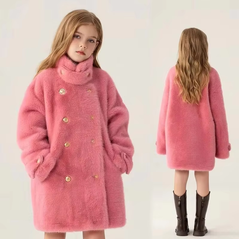 New Winter Luxury design Girls Fur Jackets Children cotton Lined coat Imitation Mink Fur Coat Kids Beige Pink Thicken Fur Outwear