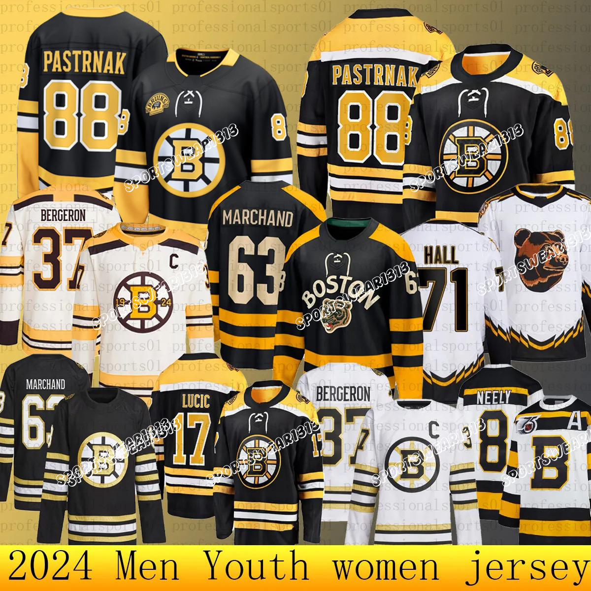 88 David Pastrnak Bruins Jersey 63 Marchand C 28 Hampus Lindholm 1 Swayman 13 Coyle Hockey Jerseys