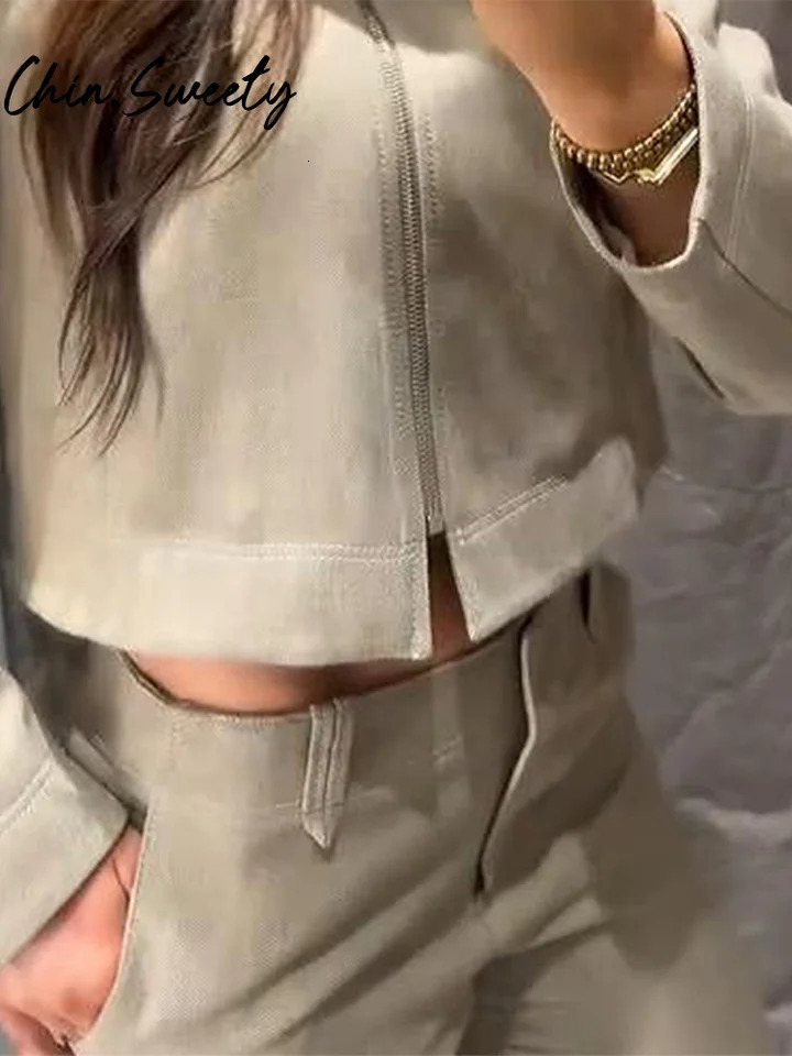 Loose Coat Pant Sets Women Elegant Button Long Sleeve Jacket Zipper Pleated Straight Trousers 2025 Autumn Street Lady Outfit 250922