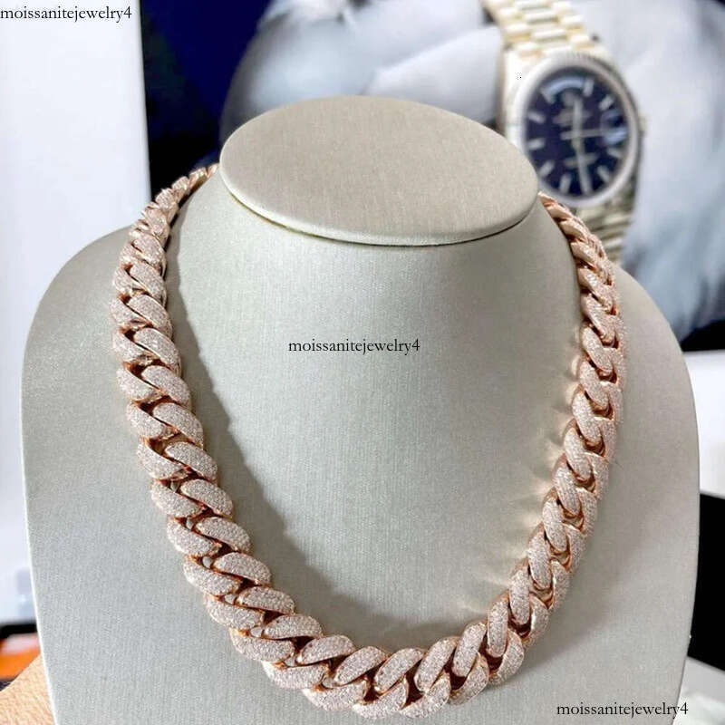 Aaa Gems Necklace 18mm 20mm Sier 10k/14k/ Gold Plating Moissanite 4 Rows Prong Iced Out Vvs Miami Cuban Link Chain