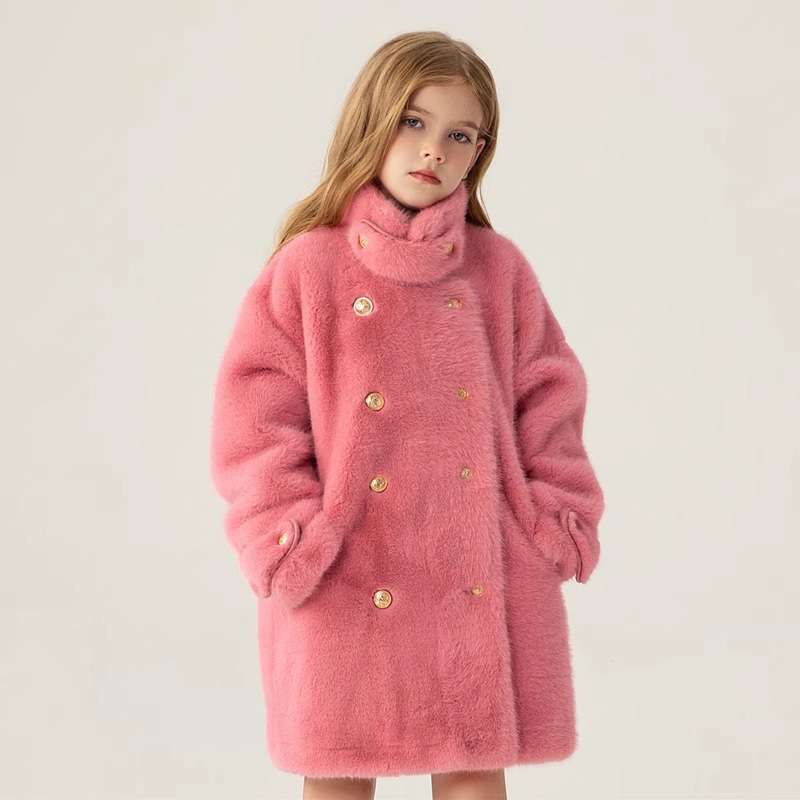 New Winter Luxury design Girls Fur Jackets Children cotton Lined coat Imitation Mink Fur Coat Kids Beige Pink Thicken Fur Outwear