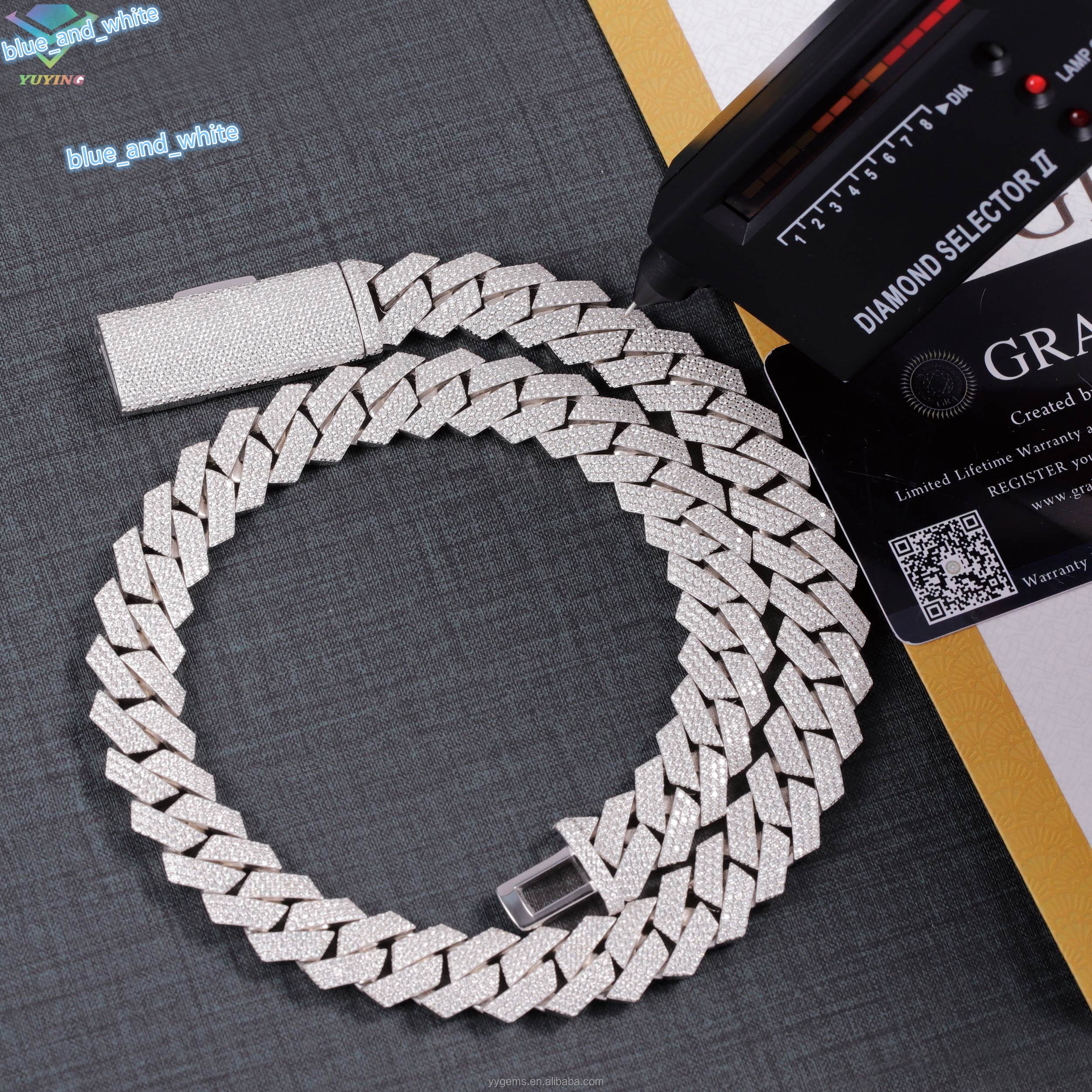 Fine Jewelry VVS Mossanite Cuban Chain 3rows 15mm 925 Solid Silver Iced Out Diamond Moissanite Cuban Link Chain Hip Hop Necklace