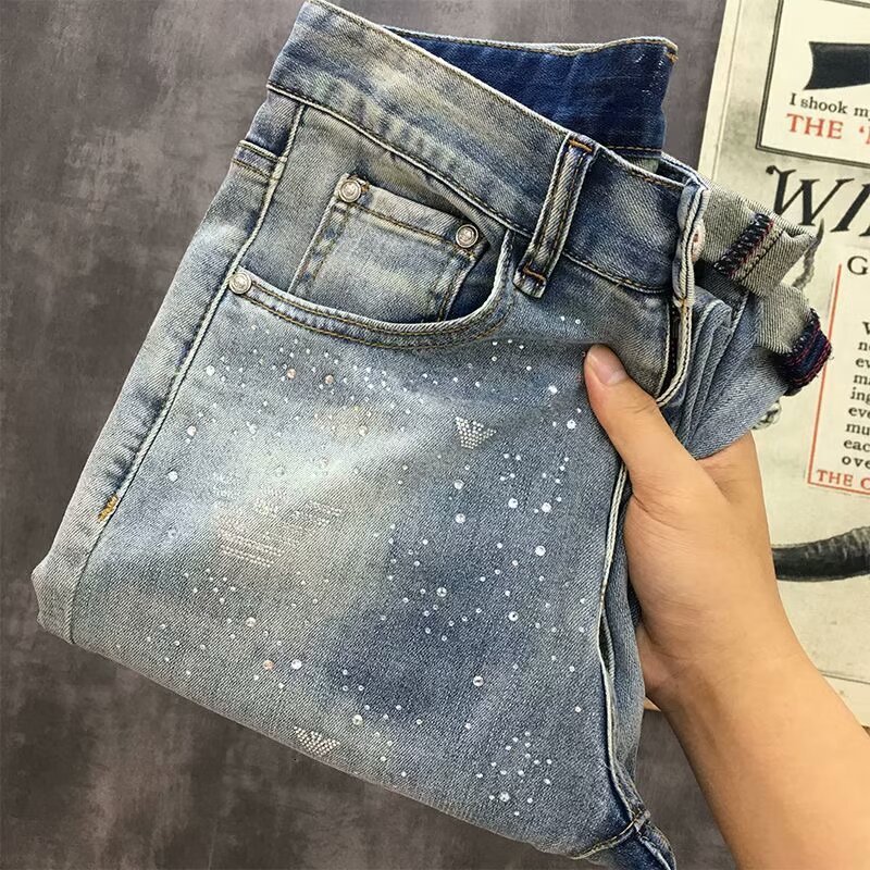 2024 New Fashion Starry Sky Rhinestone Jeans Trendy Mens Summer Thin Stretch Slim Fit Skinny Shiny Trend 240925