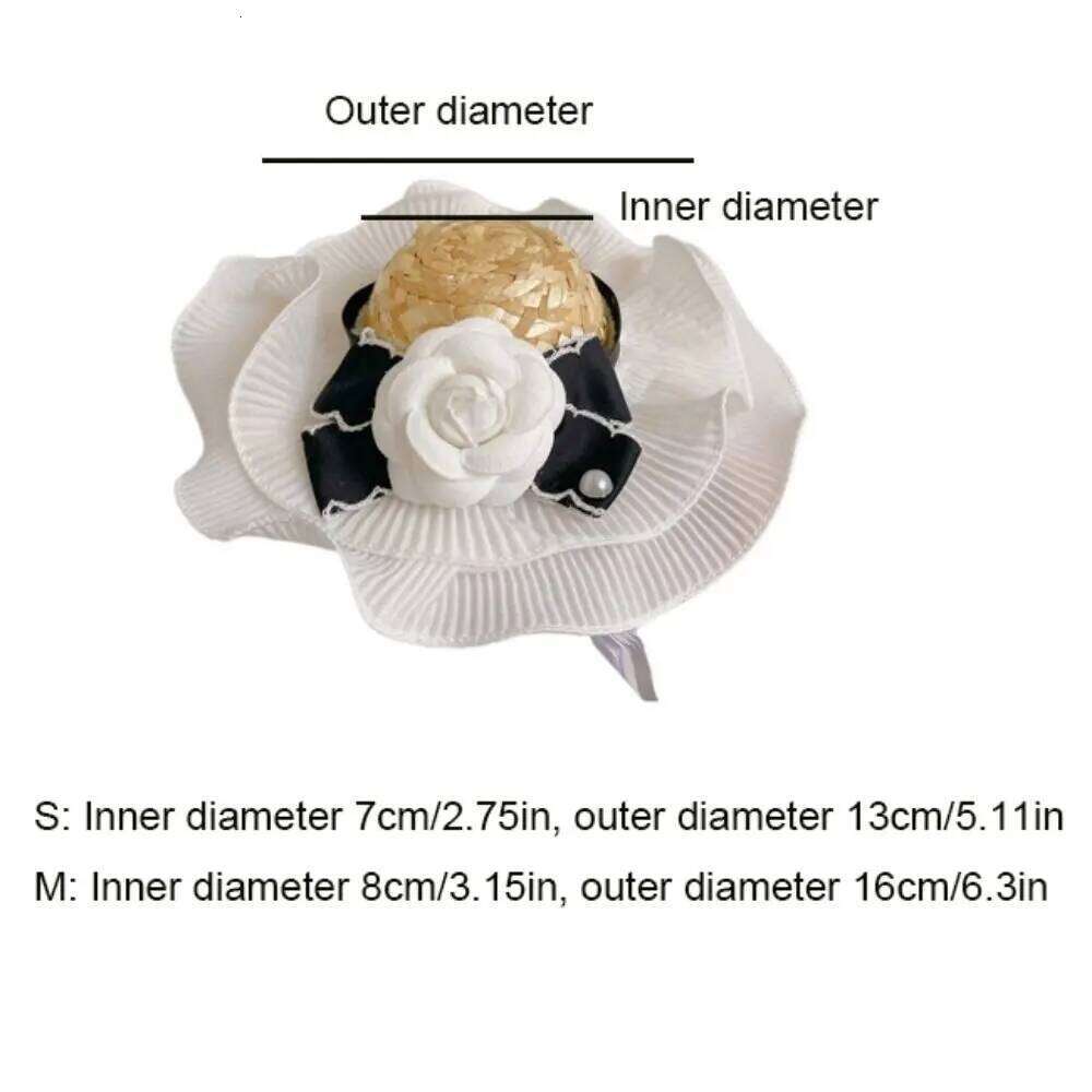 Pet Accessories Ins Style Camellia Decorative Adjustable Cat Sun Straw White Dog Bowknot Hat Beach