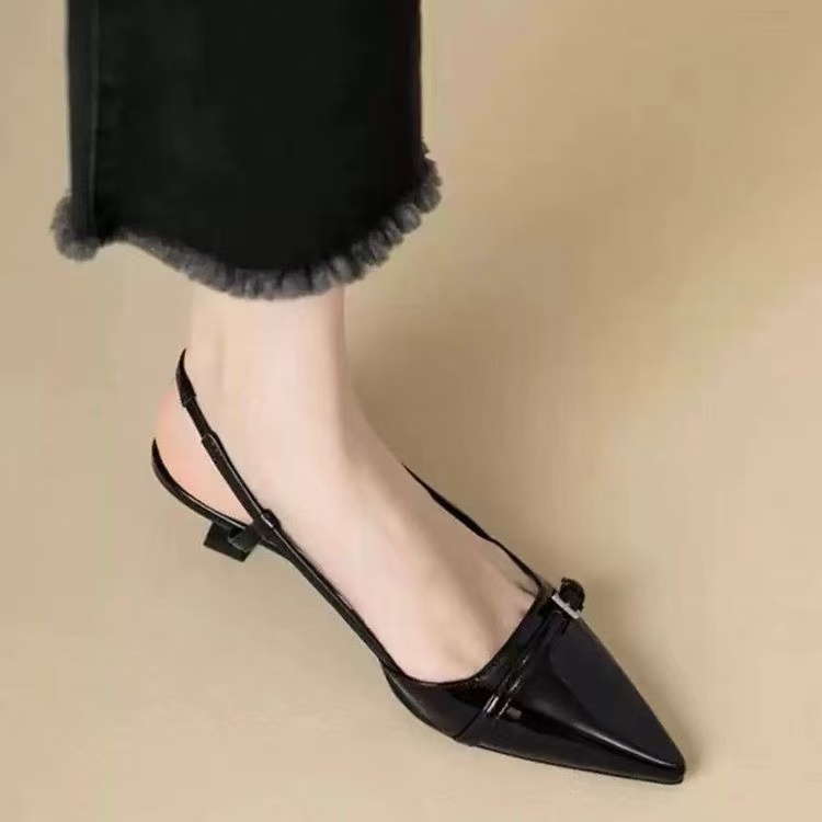Free Shipping French Style Pointed Patent Leather Toe Cap Sandals For Women 2025 New Fairy Style Retro Versatile Slim Heel Empty Sandals
