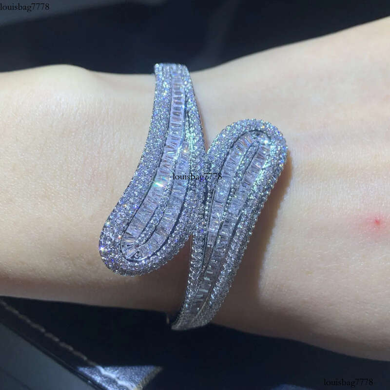 Handmade Jewelry Sterling Sier T Shape White Clear Topaz CZ Dia Eternity Cross Bangle Women Wedding Wrist Bracelet Gift