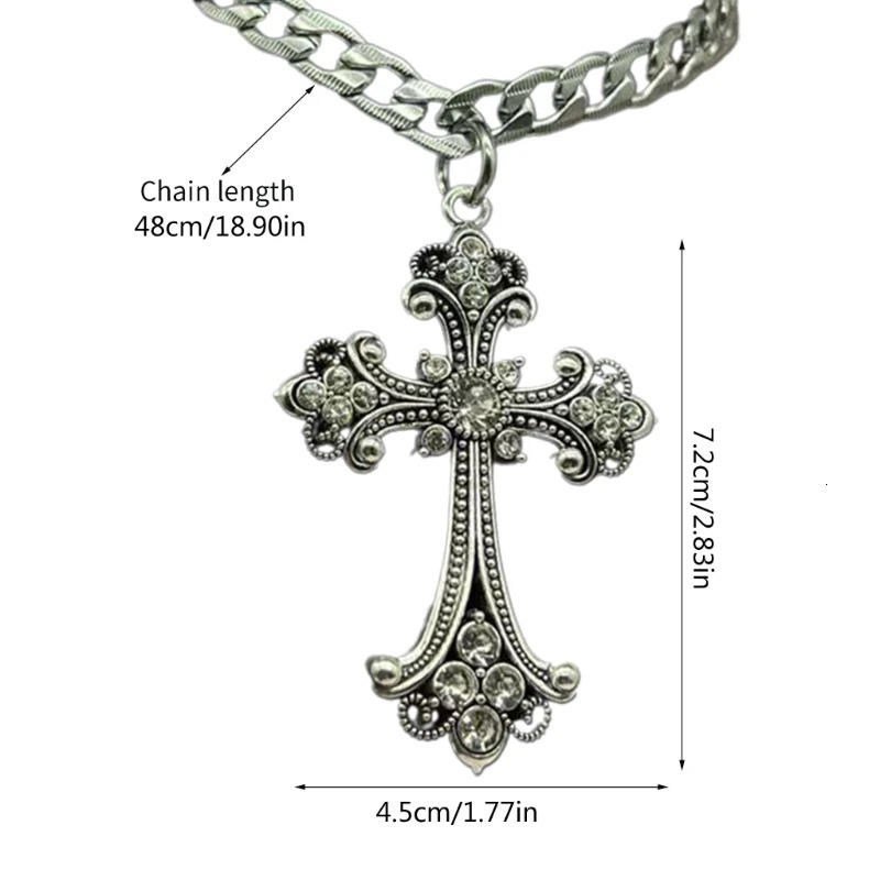 Large Detailed Cross Drill Pendant Necklace Silver Color Tone Gothic Punk Jewellery Fashion Charm Statement Women Girls Gift 250922
