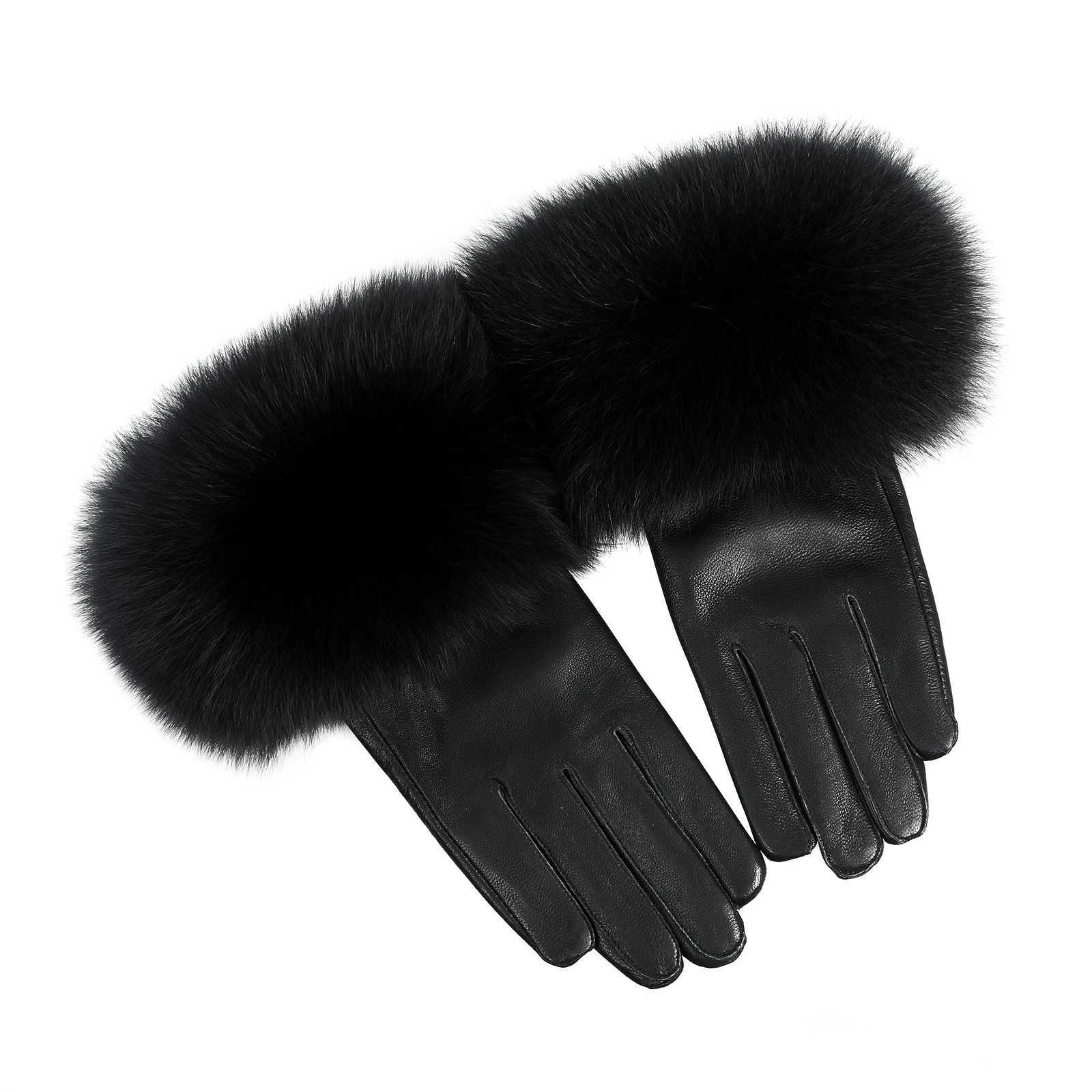 BOONJOVIA Women Genuine Lambskin Leather Gloves With Real Fox Fur Trim Cuff Winter Warm Driving GlovesVelvet Lined C250930