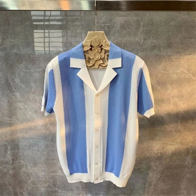 Summer Men Clothing Knit Short Sleeve Polo Shirt Casual Classics Stripes Lapel Button Slim Fit Cardigan Breathable Tops 250312